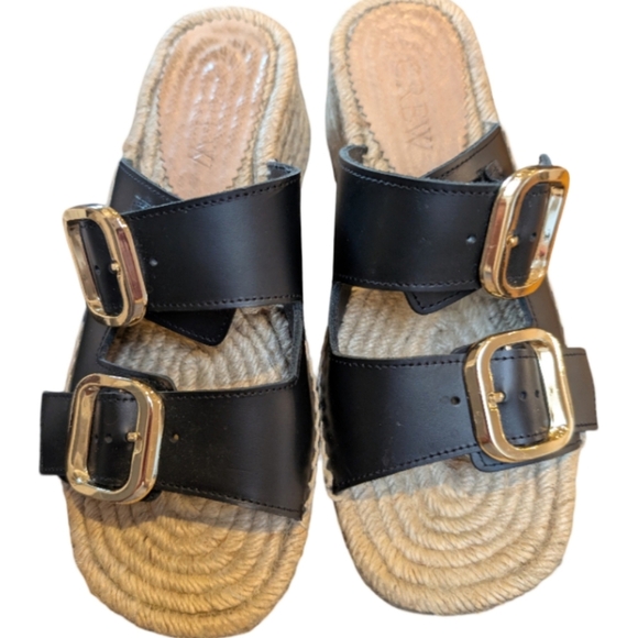 J.Crew Black Leather Two Strap Espadrille Sandals Size 5 - Made in Spain - Picture 4 of 12